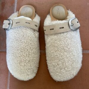 Rag & Bone shearling mules with suede strap & silver buckle detail Size 37